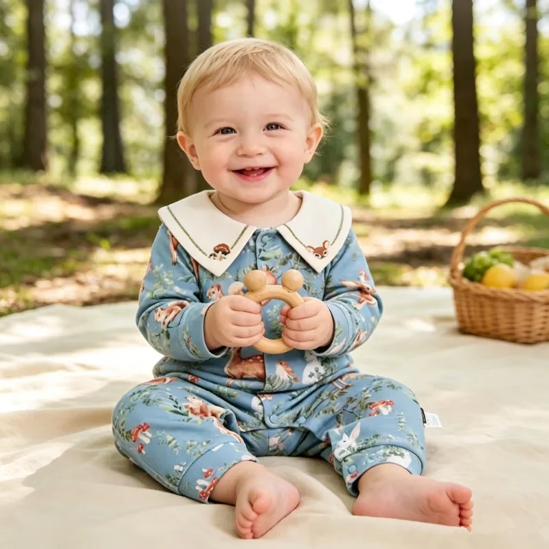 Baby Romper 100% Cotton Long Sleeve Lapel Collar Newborn Deer Print Jumpsuit All Seasons Soft Breathable Outfits for 0-24M