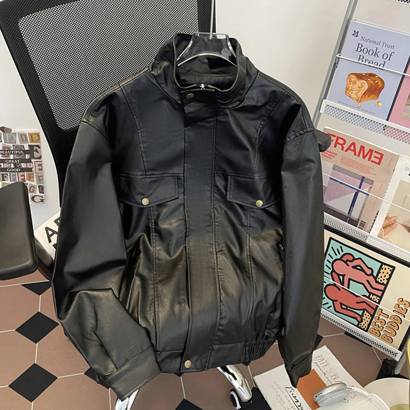 

Stand Up Collar PU Leather Jacket For Men Spring Autumn Black Windproof Coat American Casual Fashion Retro Moto & Biker Jackets