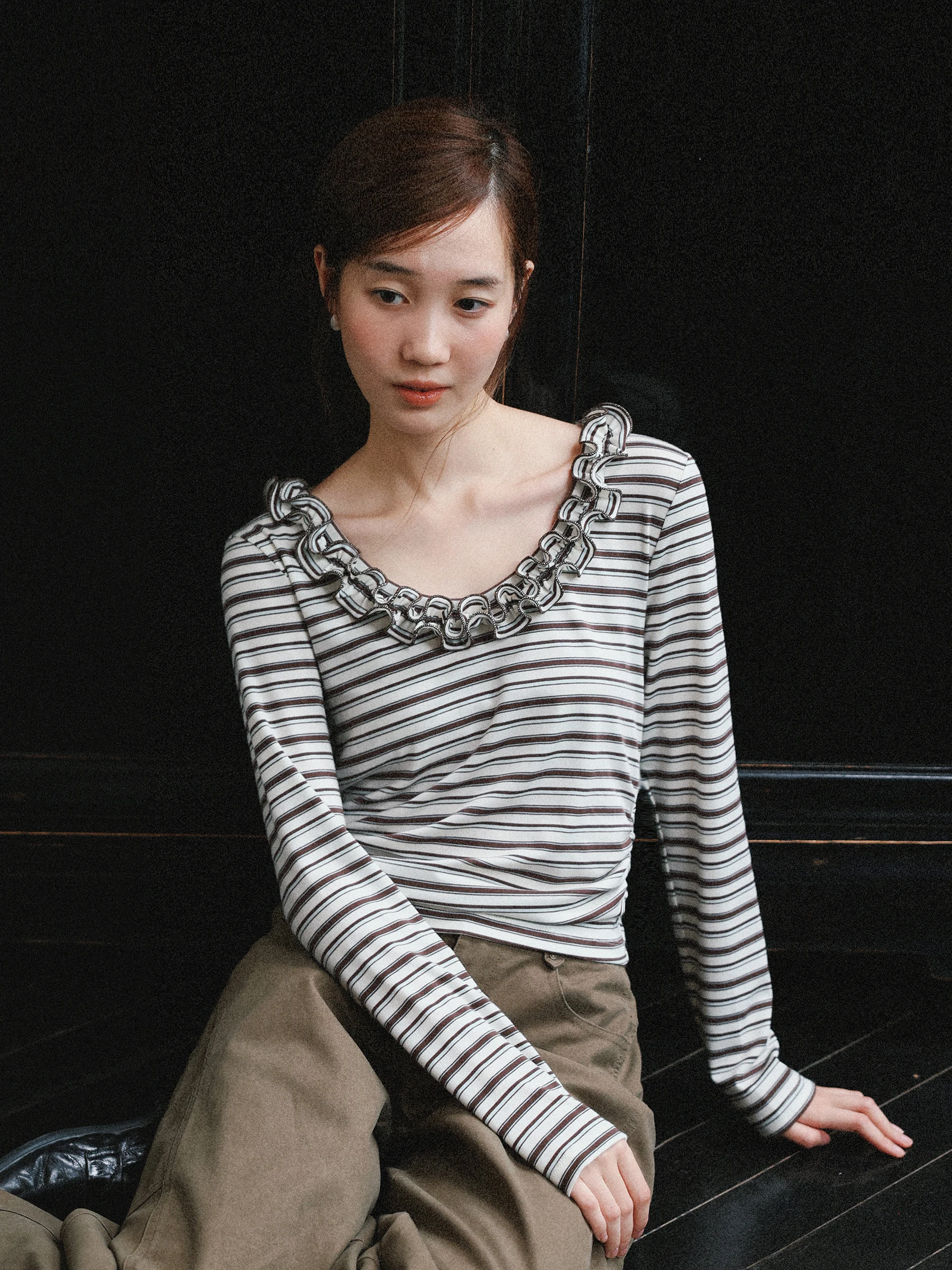 MUNNS RUIXI Women's Slim Fit Striped Long Sleeve Shirt French Style Square Collar Ruffle Hem Base Layer Small Shirt