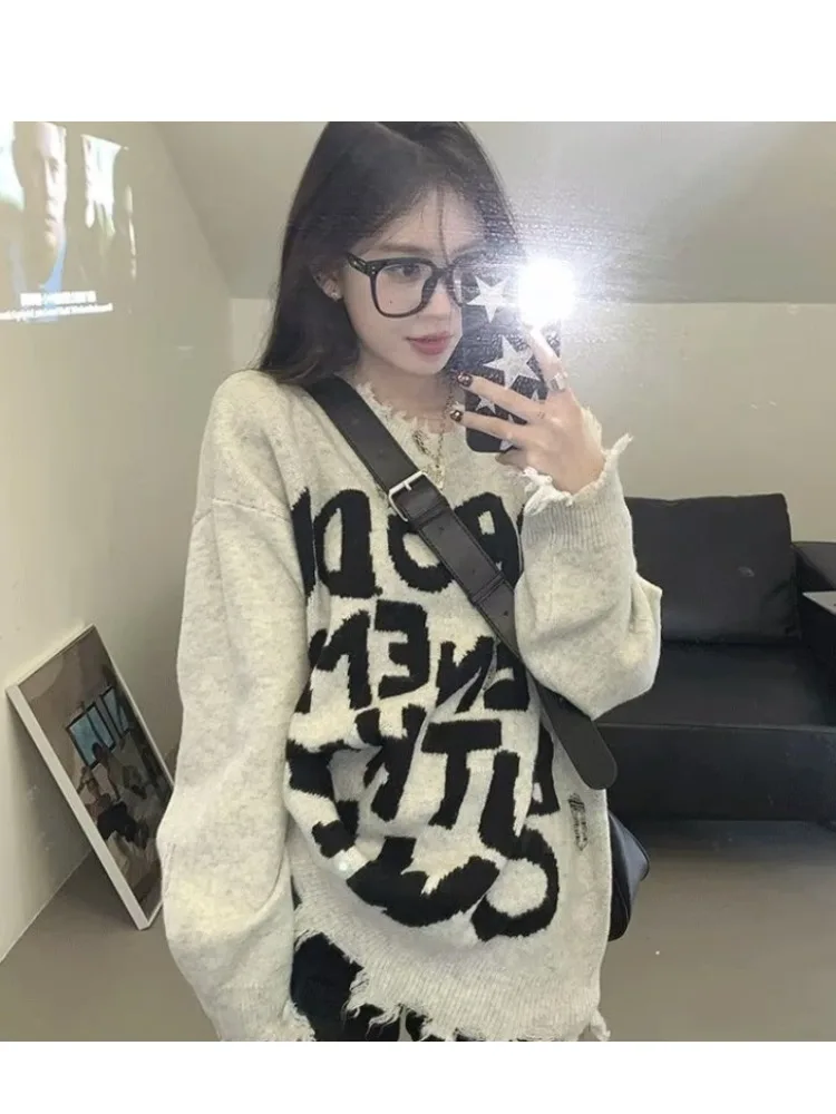 

Модный американский вязаный свитер, женский свободный длинный свитер с кисточками и цветочным узором, осень-зима, дизайн с дырками, модный топ