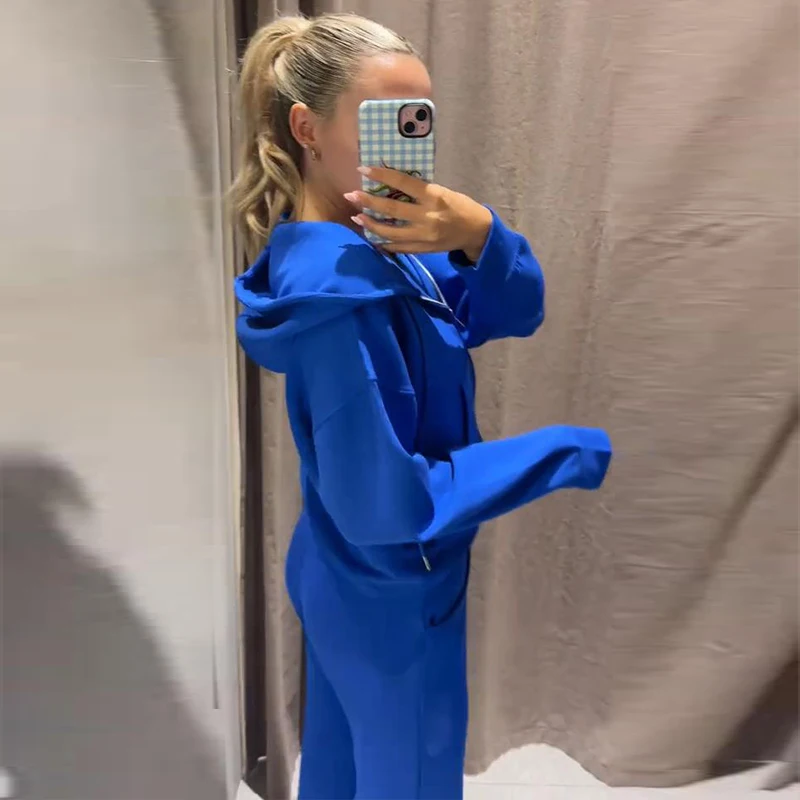 Damen-Hosen-Sets mit Kapuze, Langarm-Reißverschluss, Oversize-Mäntel, Kordelzug-Taille, Schlaghosen, Frühling-Herbst, schicke neue Outfits für Damen – Detail 12