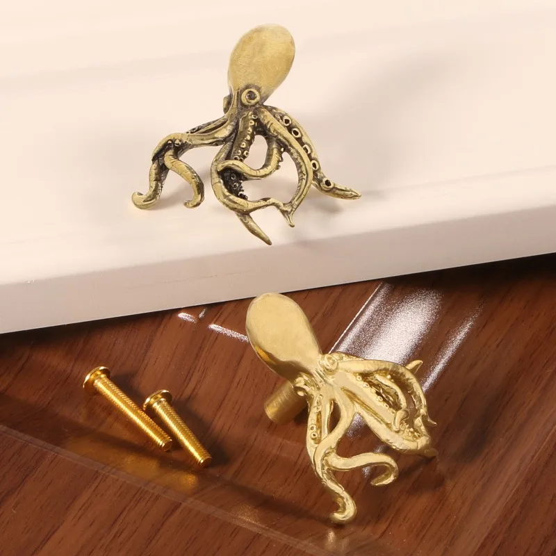 2Pcs Home cabinet accessories, door handles, ocean octopus, squid, brass door handles, copper hooks, hooks