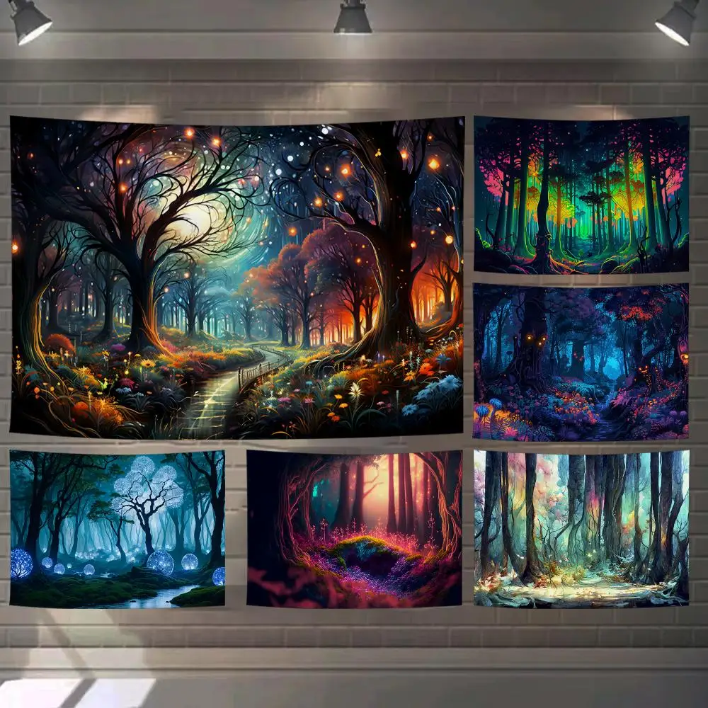 Fantasty Forest Tapestry Custom Living Bedroom Party Dormitory Interior Wall Bohemian Decoration Attached Clip
