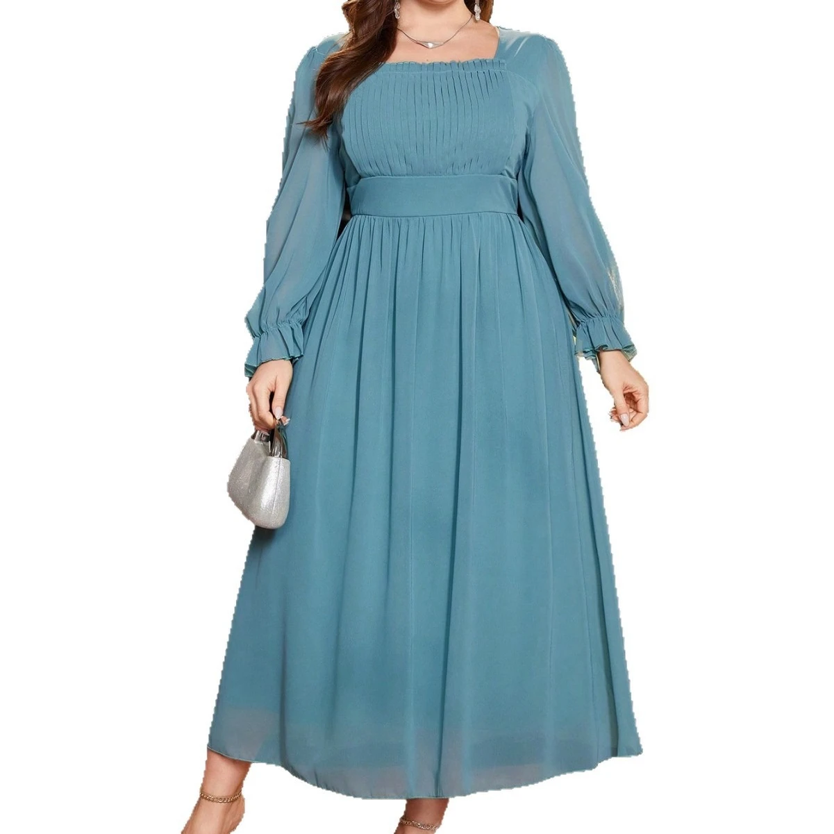 

Elegant Square Neck Pleated Chiffon Long Plus Size Dress With Long Sleeves
