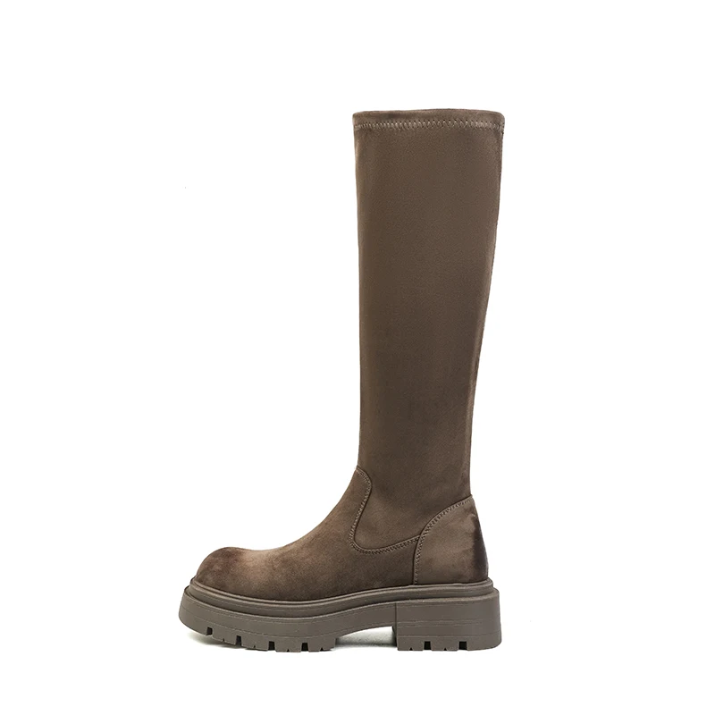 

Fashion Leather Chelsae Boots Knee High Elastic Long Boots ZIP Platform Wedge Women Western Cowboy Boots Slip On Slimming Shoes