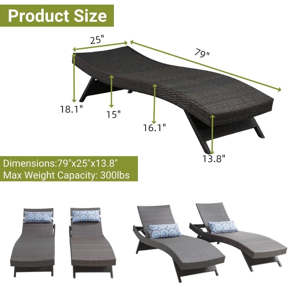 Long Reclining Chaise Lounge of 2 Pieces,Outdoor Wicker Reclining Lounge Chair, All Weather Outdoor Lounge Chairs.