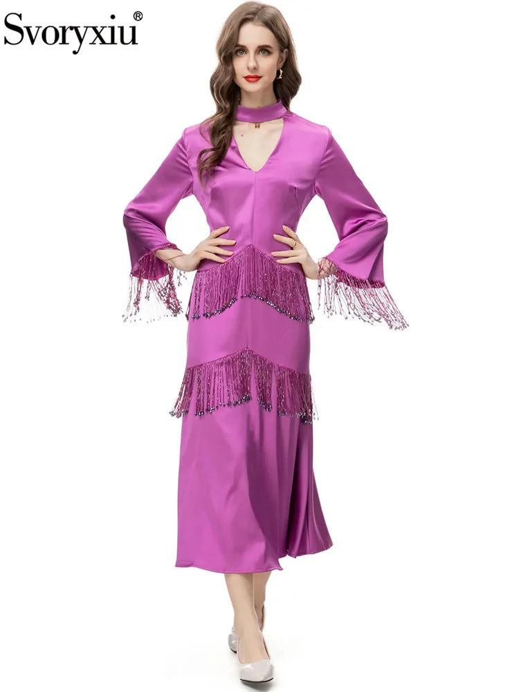 

Svoryxiu Fashion Runway Autumn Purple Vintage Elegant Midi Dress Women's Stand Collar Tassel Beading Flounces Sleeve Dress