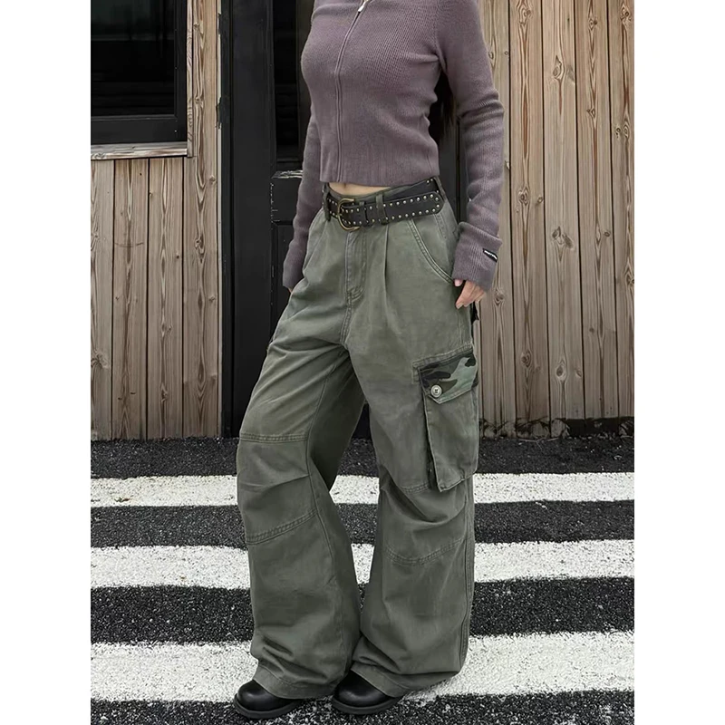 ZHIZOU Women Gothic Camouflage Jeans Baggy Cargo Wide Fit Denim Pant Punk Y2K Japanese Harajuku 2000s High Street American Retro