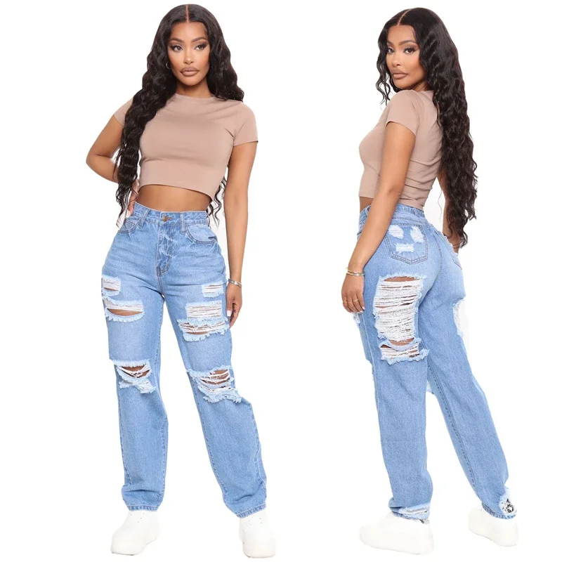 2024 Summer New Arrival Sexy Hole Ripped Boyfriend Jeans Women Fashion High Waisted Loose Casual Wide Leg Denim Pants Trousers