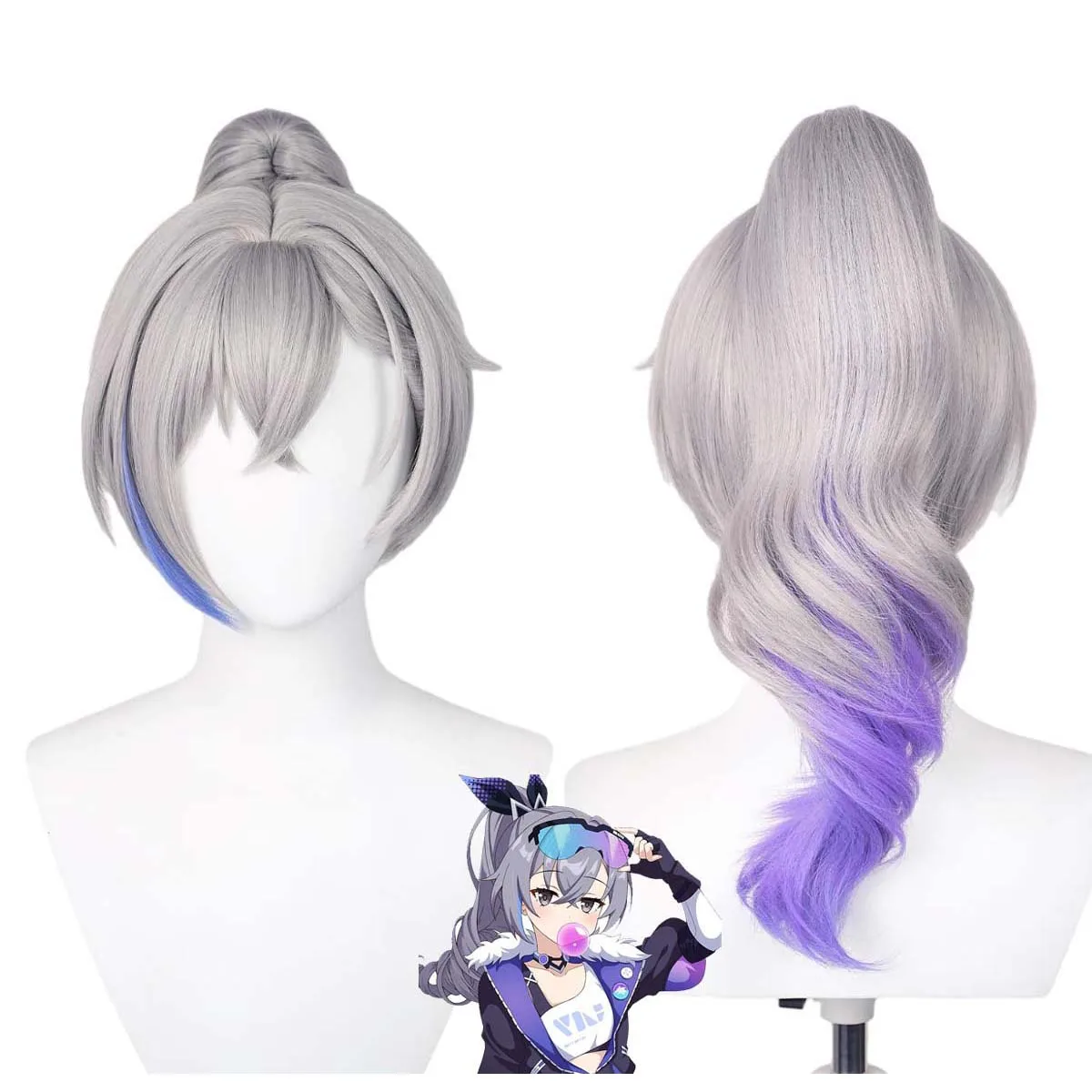 

Honkai Star Rail Silver Wolf Silverwolf Косплей Серый Синий Фиолетовый Парик из синтетических волос с хвостиком