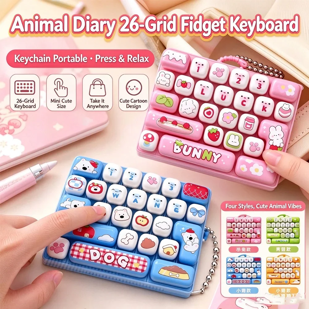 @Kawaii Mini Fidget Keyboard Keychain 미니 키보드 키링 26 Buttons Stress Relief Toy Cute Animal Bag Pendant Decompression Key Ring Gift