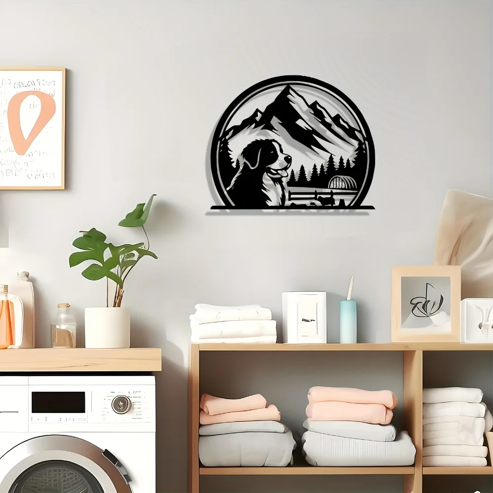 1pc Metal Bernese Mountain Dog Wall Art, Illuminated Dog Statue Mural with Wildflower Nameplate Gift for Pet Lovers Home Decor - view 5