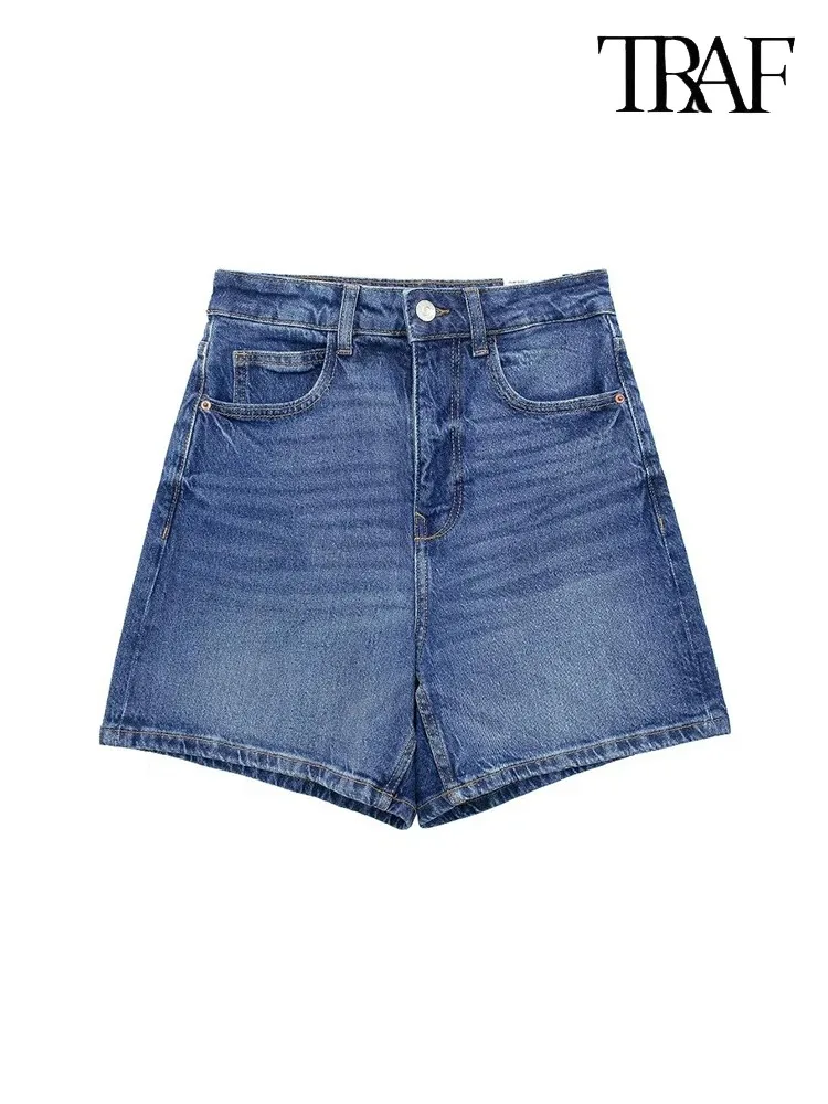 TRAF Women\'s Blue High Waist Denim Shorts Button Closure Jeans Summer Casual Comfortable Shorts Fashion Vintage Women\'s Pants