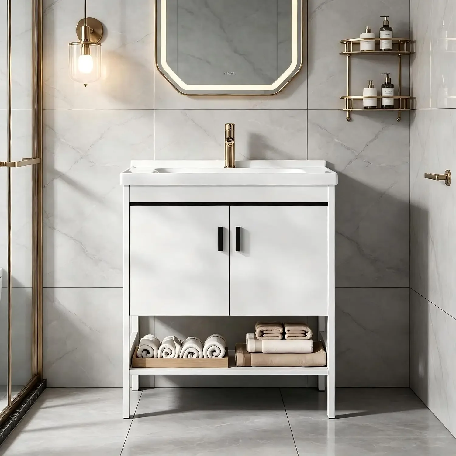 24IN Freestanding Bathroom Vanity with Integrated Ceramic Basin, Modern Freestanding Bathroom Vanity for Small Spaces, Bathroom