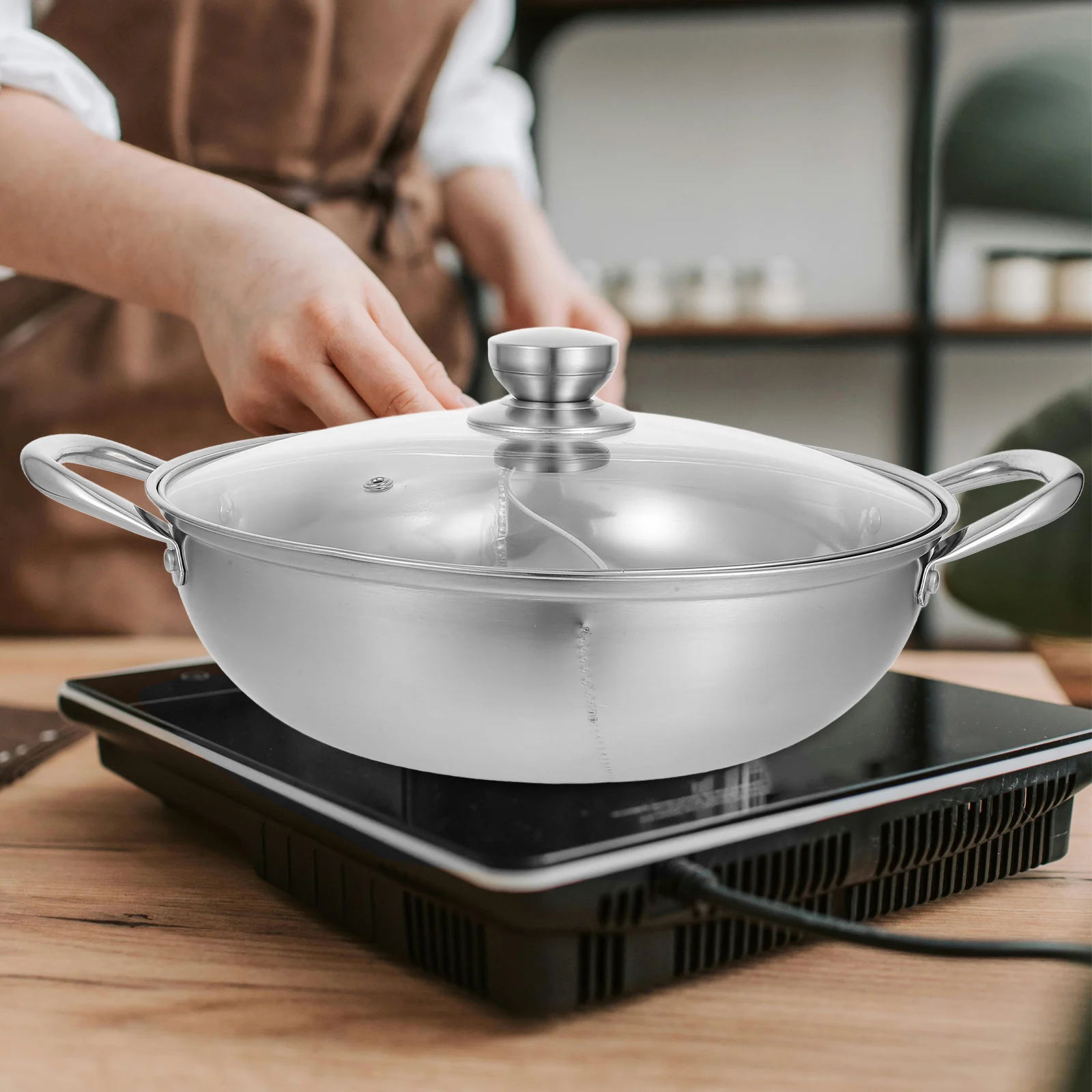 

1Set Hot Pot with Glass Lid Smooth Interior Stainless Steel Two Flavor Cookware Multi Purpose Kitchen Stockpot for Food Cooking