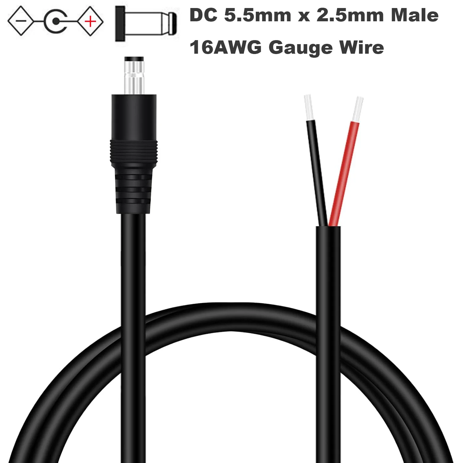 16AWG DC Power Pigtail Cable 5.5mm x 2.5mm Barrel Male Bare Wire Supply Repair CCTV Security Camera LED Strip Light Solar Panel