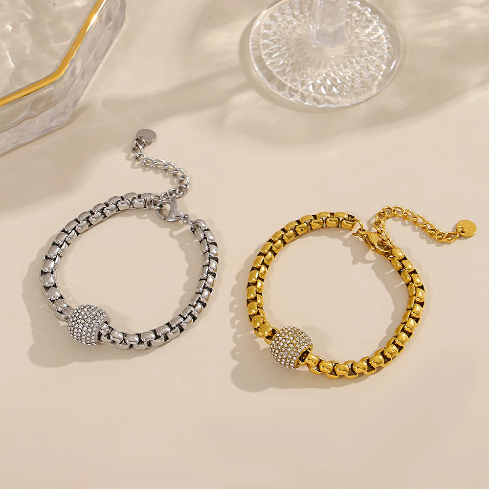 Chic Zircon Ball Stackable Bracelet for Women Fashion Gold Silver Color Stainless Steel Thick Chain Bracelets Jewelry Gifts