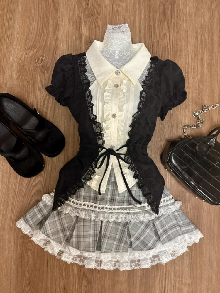 Sweet 2 Piece Sets Womens Outfit Contrast Lace Patchwork Bandage Blouse + Plaid Mini Skirts Girls JK Cute Suit Y2k Aesthetic