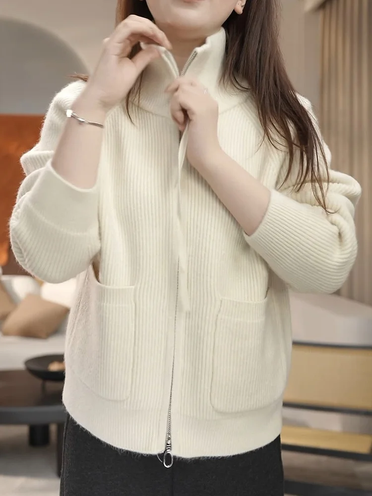 

Новинка осенне-зимнего сезона: Вязаный кардиган на молнии с длинными рукавами, свободного кроя, больших размеров, с воротником-стойкой, в повседневном стиле.