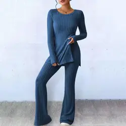 Casual Two-piece Suit Stylish Women's Knitted Two-piece Suit with Long Sleeve Ribbed Top High Waist Flared Trousers Fashionable