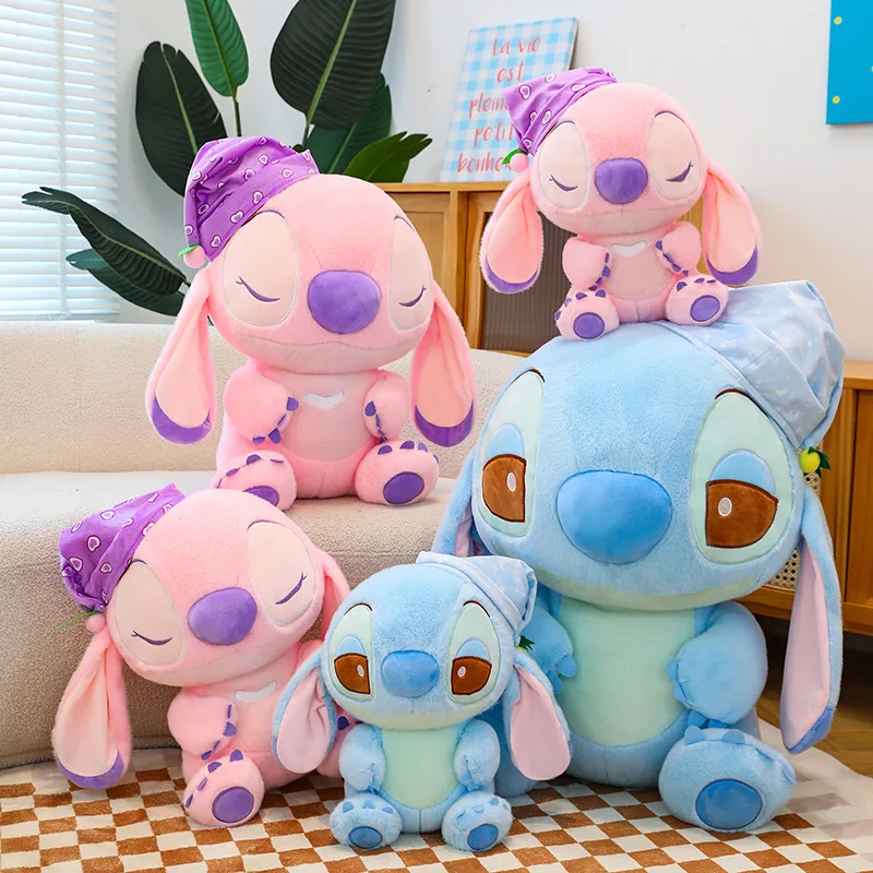 Stitch New 40/80cm Plush Doll Toy Disney High Value Couple Sweet Sleep Hooded Doll Living Room Ornaments Valentine'S Day Gift