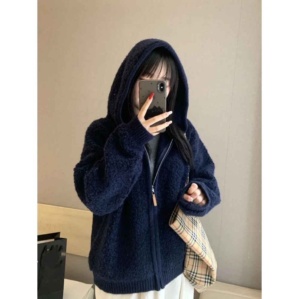 Women Simple Versatile Hooded Knit Cardigan Plush Hooded Zip Up Sweater Coat Long Sleeve Casual Warm Sweater Jacket