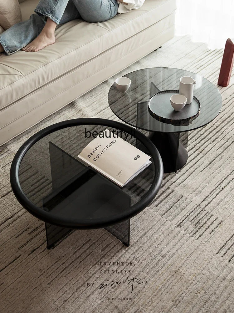 

Glass coffee table living room round minimalist light luxury tempered glass surface combination coffee table B3