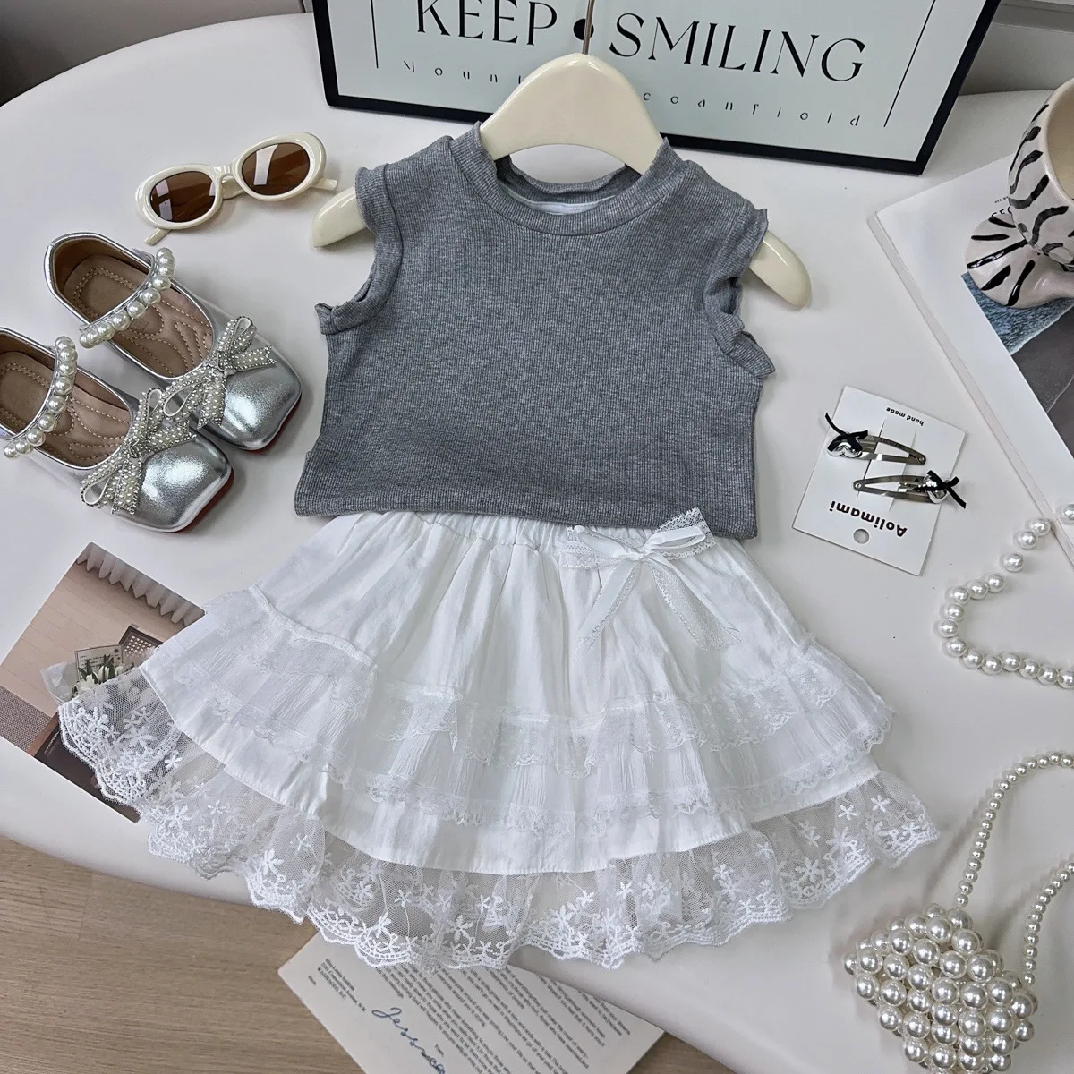 2025 Girls Korean Skirt Summer New Baby Girl Sweet Temperament Solid Color Lace Skirt Fashion Casual