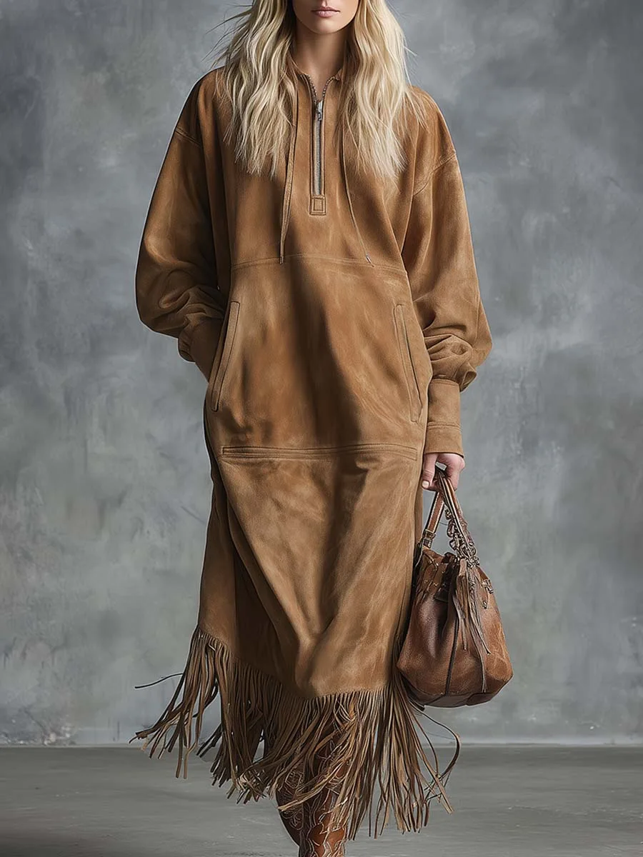 Vestidos Retro occidentales de gamuza lisa con borlas para mujer, vestido holgado con cremallera y cuello vuelto, nuevo vestido de manga larga con bolsillo para primavera y otoño