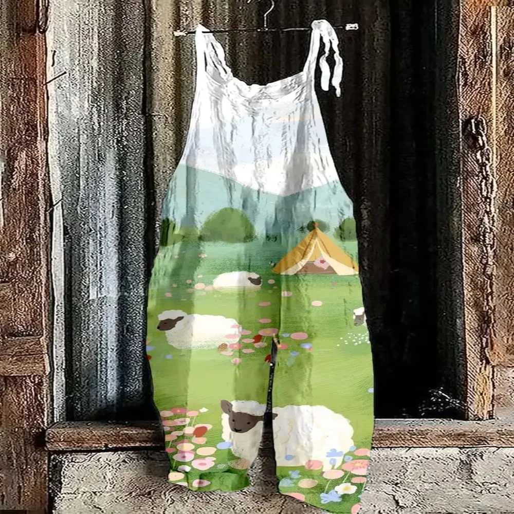 Summer 2025 women's fashion jumpsuit, 3D natural landscape printed cute loose jumpsuit, adjustable shoulder straps