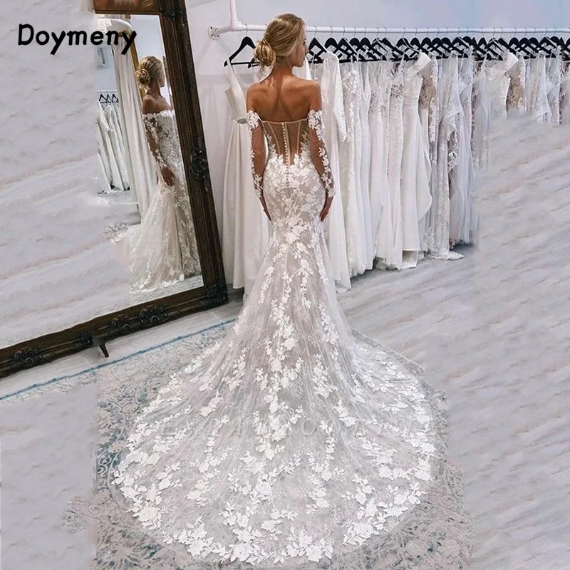 Doymeny Charming Mermaid Wedding Dresses Long Sleeve Off The Shoulder Bridal Dress Appliqued Lace Bride Gowns 2024