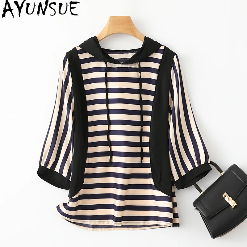 AYUNSUE 92% Natural Mulberry Silk T Shirts for Women Short Sleeved Stripe Women Clothing Fashion Hooded T Shirt 2024 Summer Top