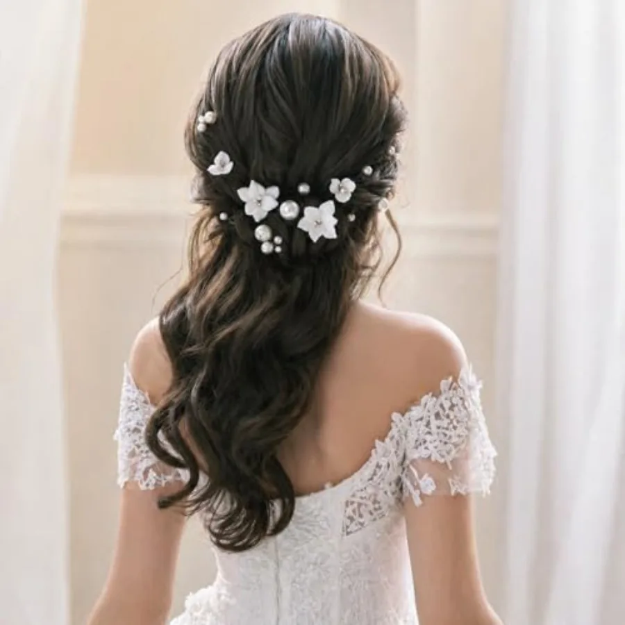 

Handmade Pearl Bridal Wedding Hair Pins 13Pcs White Flowers Pearls Clips Wedding Hair Accessories for Women Brides Bridesmaid