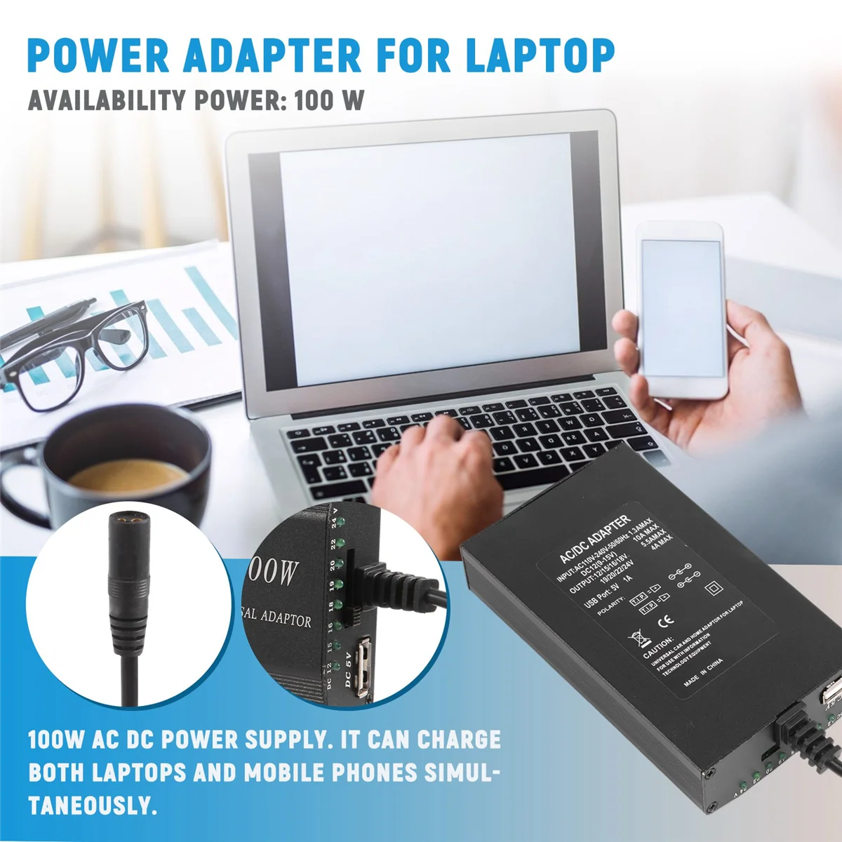 SLQZT Universal 12V-24V AC Power Adapter Adjustable Car Home Charger USB12V Power Supply 100W 5A Laptop with 38Pcs DC Connector