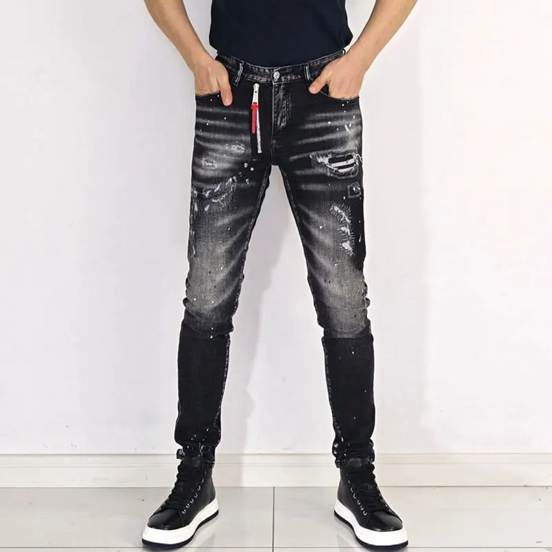 

High Street Fashion Men Jeans Retro Black Gray Stretch Slim Fit Painted Ripped Jeans Men Patched Designer Hip Hop Brand Pants