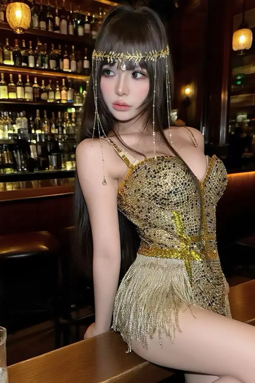 Jinmang Glamorous Gold Tassel Fringe Rhinestone Mesh Bodysuit V Neck Spaghetti Strap Festival Performance Outfit
