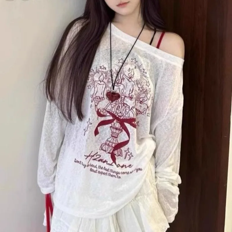 

American Subculture Bow Graffiti Print T-shirts Female Thin Harajuku Long Sleeve Sunscreen Smock Tees Women's Hottie Loose Tops