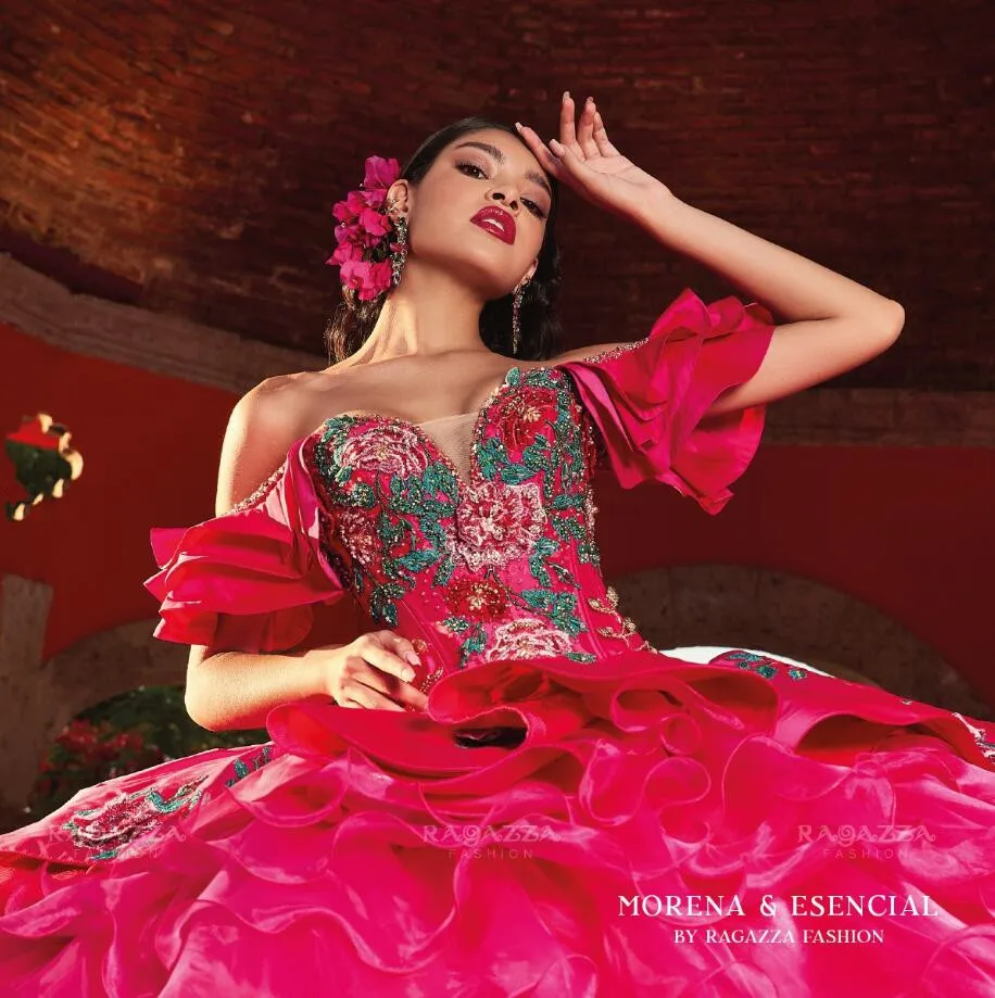 Vestido de quinceañera de princesa mexicana mágica fucsia, hombros descubiertos, falda con volantes, bordado Floral 3D, con cordones, 15 años