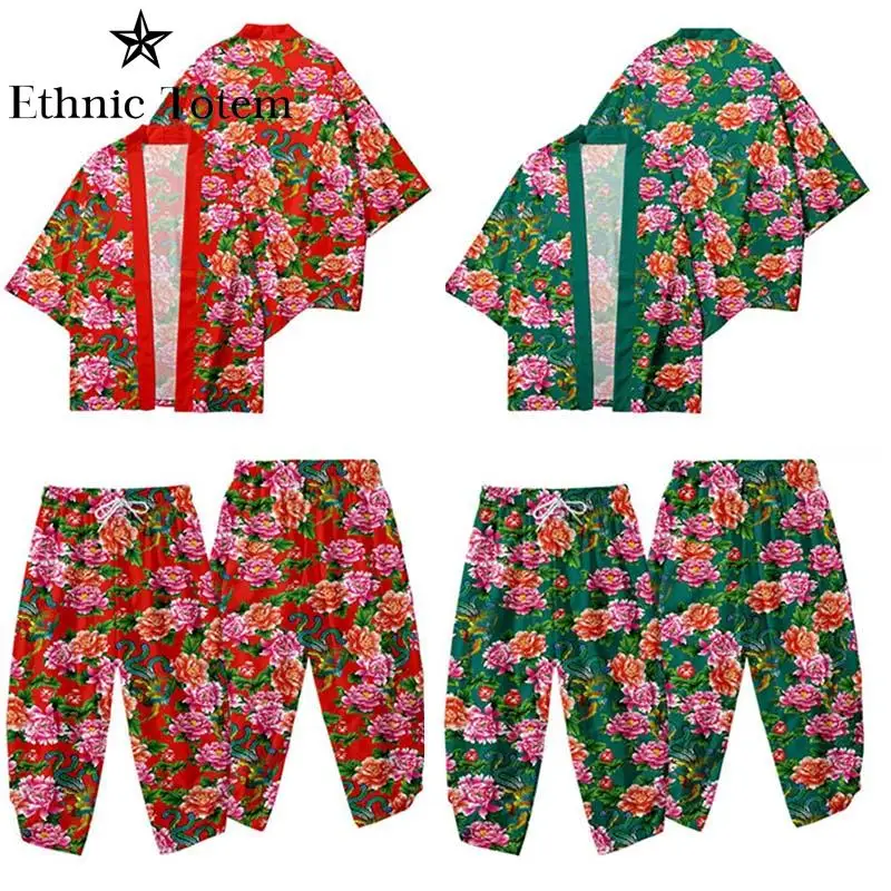 

New Chinese Large Red Flower Floral Kimono Cape Country Tide Traditional Haori Taoist Robe Cardigan Jacket Cloak Trouser Clothes