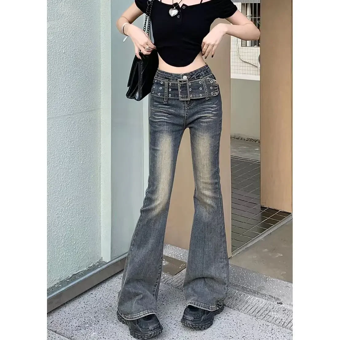 Spring Autumn Retro Gradual Change Micro Horn Jeans Women's Design Sense American High Waist Stretch Slim Horseshoe Mop Pants