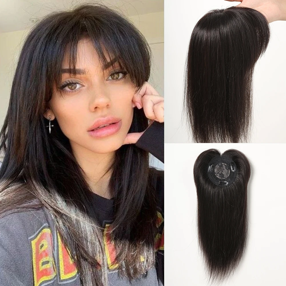 Topper rambut manusia hitam alami dengan poni, rambut palsu Remy, klip dasar sutra untuk wanita dengan rambut tipis