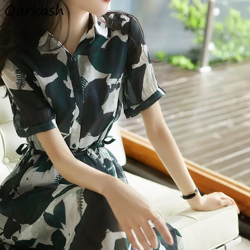 

Dress Women Vintage Print Short Sleeve Fashion Shirring Slim A-line Elegant All-match Korean Style Summer Vestido Chic Hot Sale