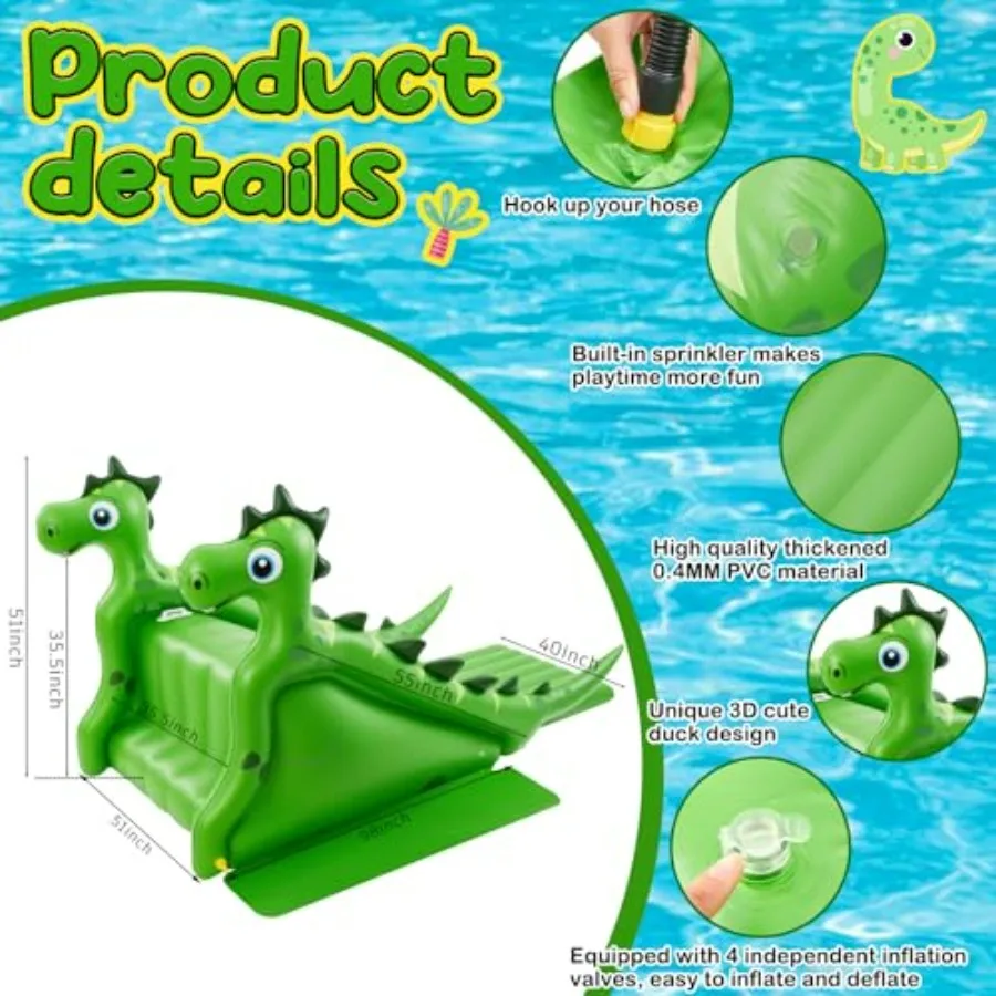 Backyard pool slide for kids adults: inflatable dinosaur-themed water slide, 98-inch, PVC material, vibrant green, quick-setup