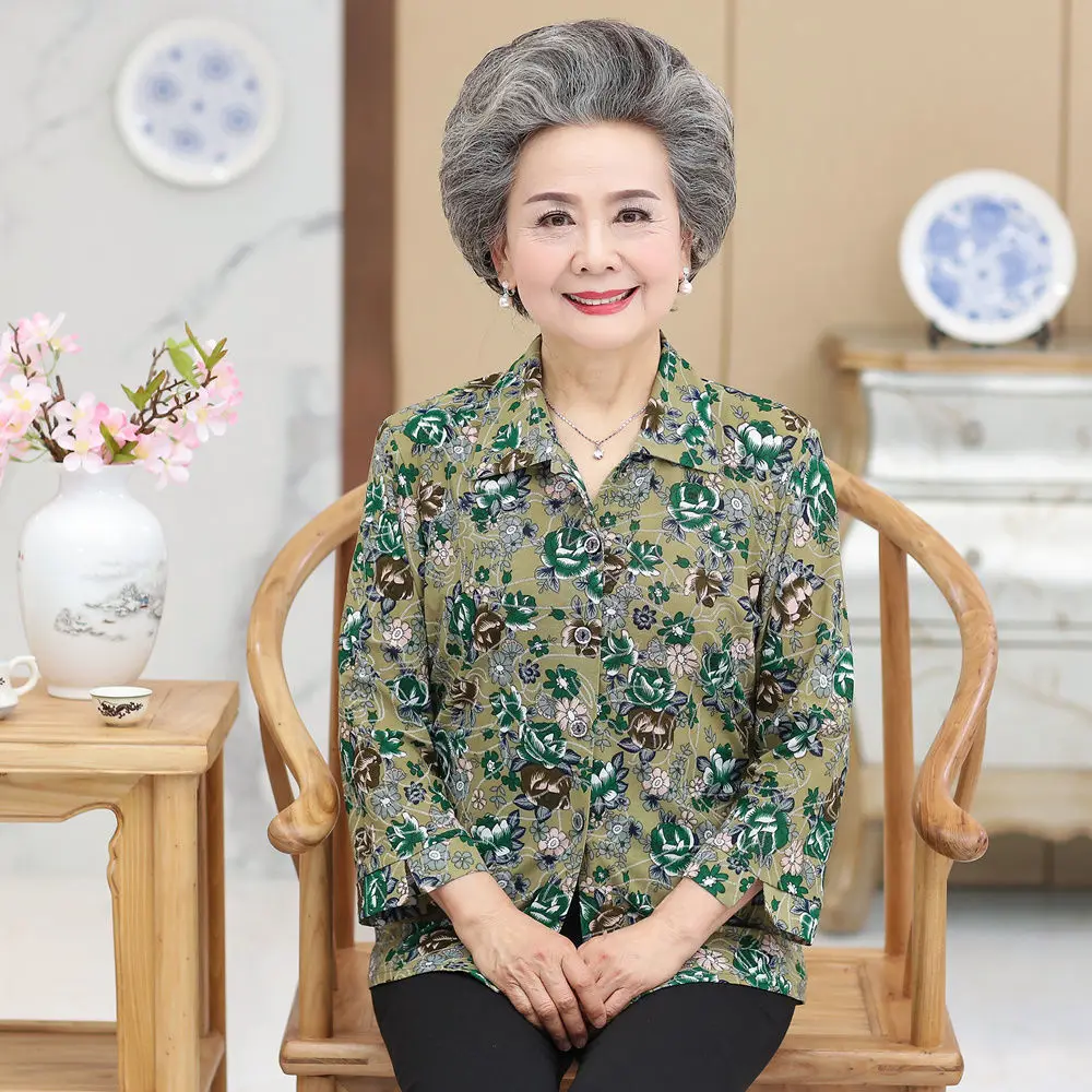 Middle Age Women Blouses 3/4 Sleeve Turn Down Collar Casual Shirt Mother Tops 5XL Floral Grandma Blusas Femininas