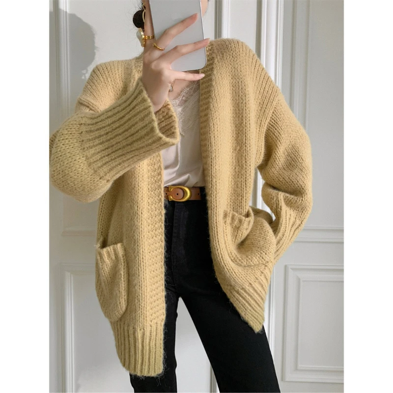 

Knit Cardigan Women Casual Sweaters Full Sleeve Solid Pockets Jumper V Neck Sweater Open Stitch Office Autumn Streetwear