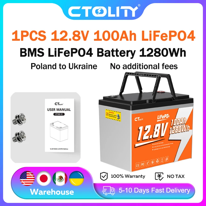 CTOLITY 12.8V 100Ah LiFePO4 Battery 1280Wh Rechargeable Battery 4000+ Cycle BMS RV Golf Solar Energy Storage emergency Supply