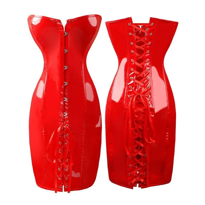 Women Sexy Wet Look Club Dress Lace Up Back Corset Dress Black Red Nightclub PVC Waist Shape Knee-length Bustier Dress