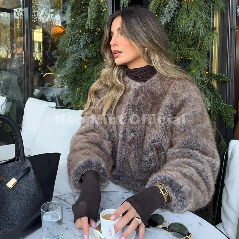 Neo Mint Iconic Brand Fashion Cropped Faux Fur Coat Women 2025 Autumn Short Eco Fox Fur Jacket Chic Street Girls Fluffy Overcoat
