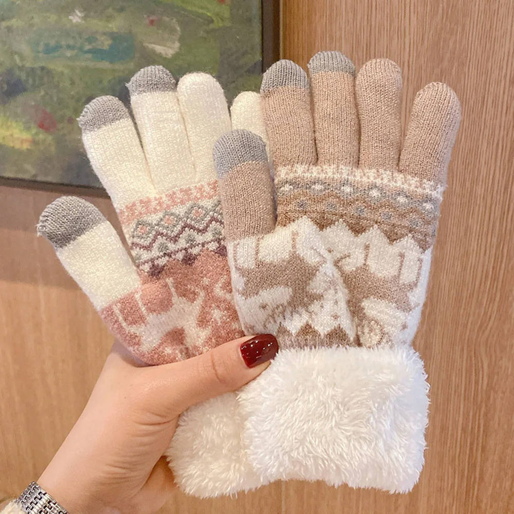 2024 New Christmas Reindeer Jacquard Knit Gloves Plugging  And Thickening Mittens Touch Screen Two Layer Plush Full Finger Glove