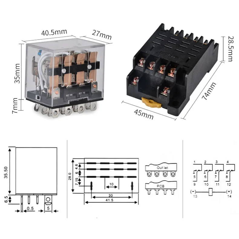 10Sets HH64P Mini Relay 14Pin 10A with LED LY4NJ P143 General Micro Relay LY4N-GS 12V 24V 110V 220V 380V with Socket Base